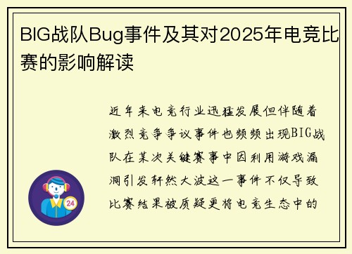 BIG战队Bug事件及其对2025年电竞比赛的影响解读