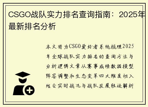 CSGO战队实力排名查询指南：2025年最新排名分析