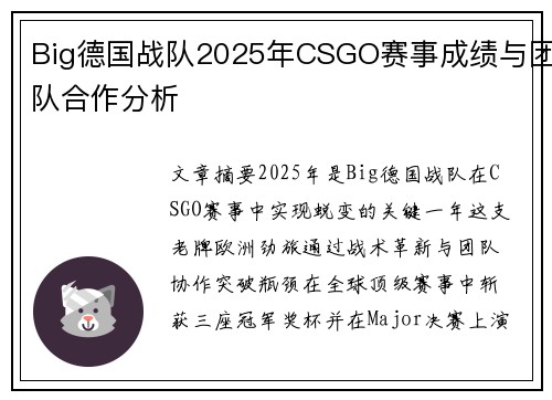 Big德国战队2025年CSGO赛事成绩与团队合作分析
